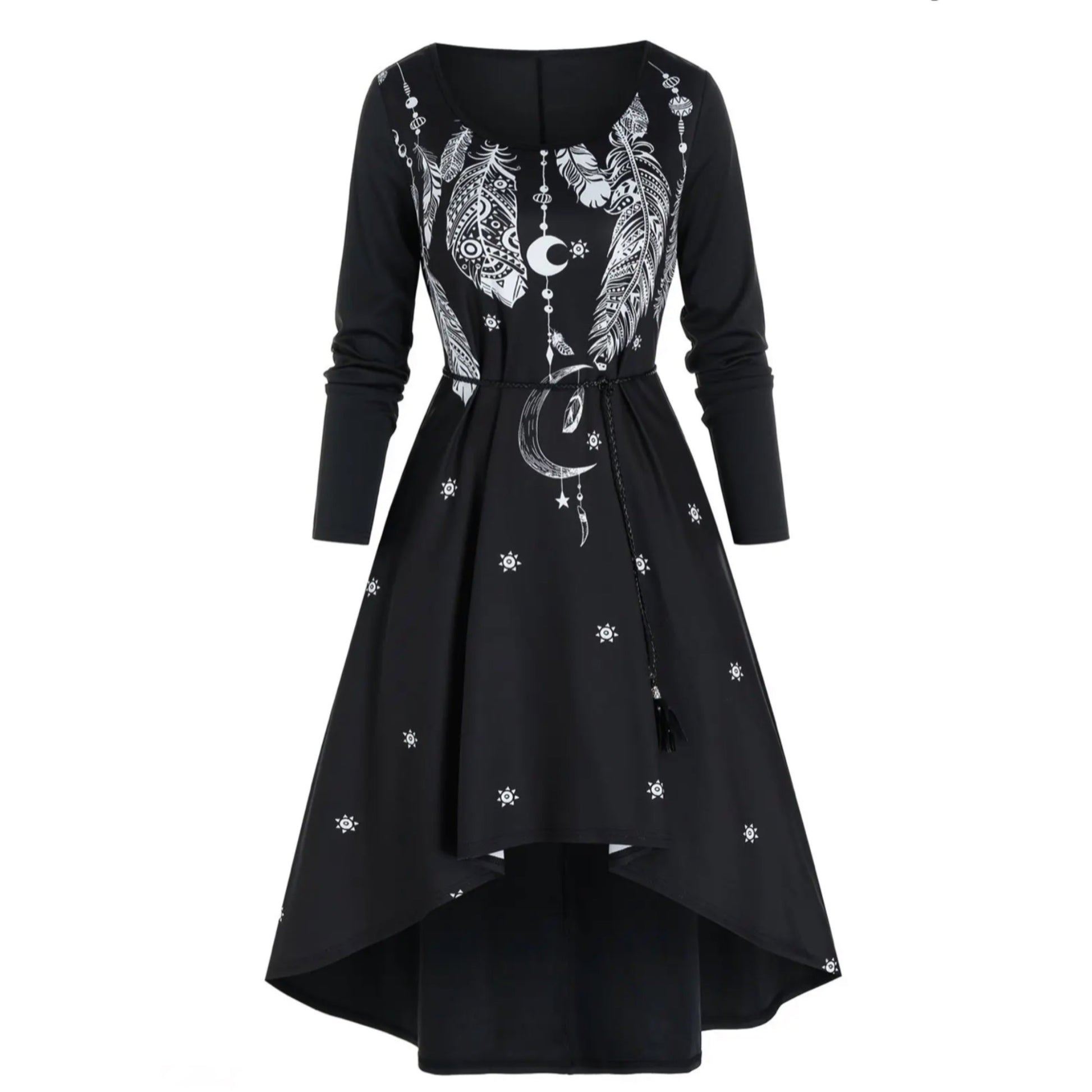 Vintage-Inspired Black Moon & Feather Print Dress With Rope Belt & Pockets - A Gothic Universe - Hi-Low Dresses