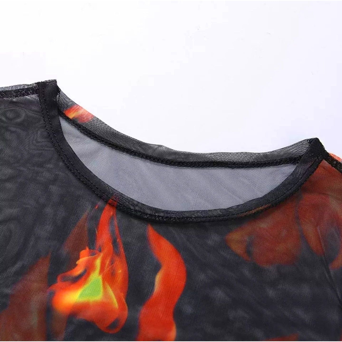 Black Sheer Flame Print Long Sleeve Crop Top - A Gothic Universe - Tops