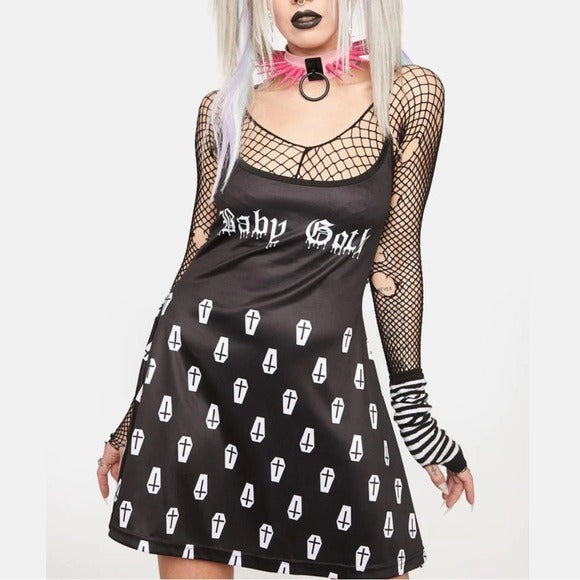 Baby Goth Forever Tank Dress | Criss Cross Back Coffin Print - Too Fast - Dresses