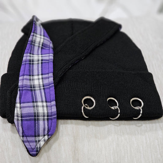 Gothic Punk Style Beanie | Black O-Rings Plaid Print Bunny Ears - Widow - Beanies