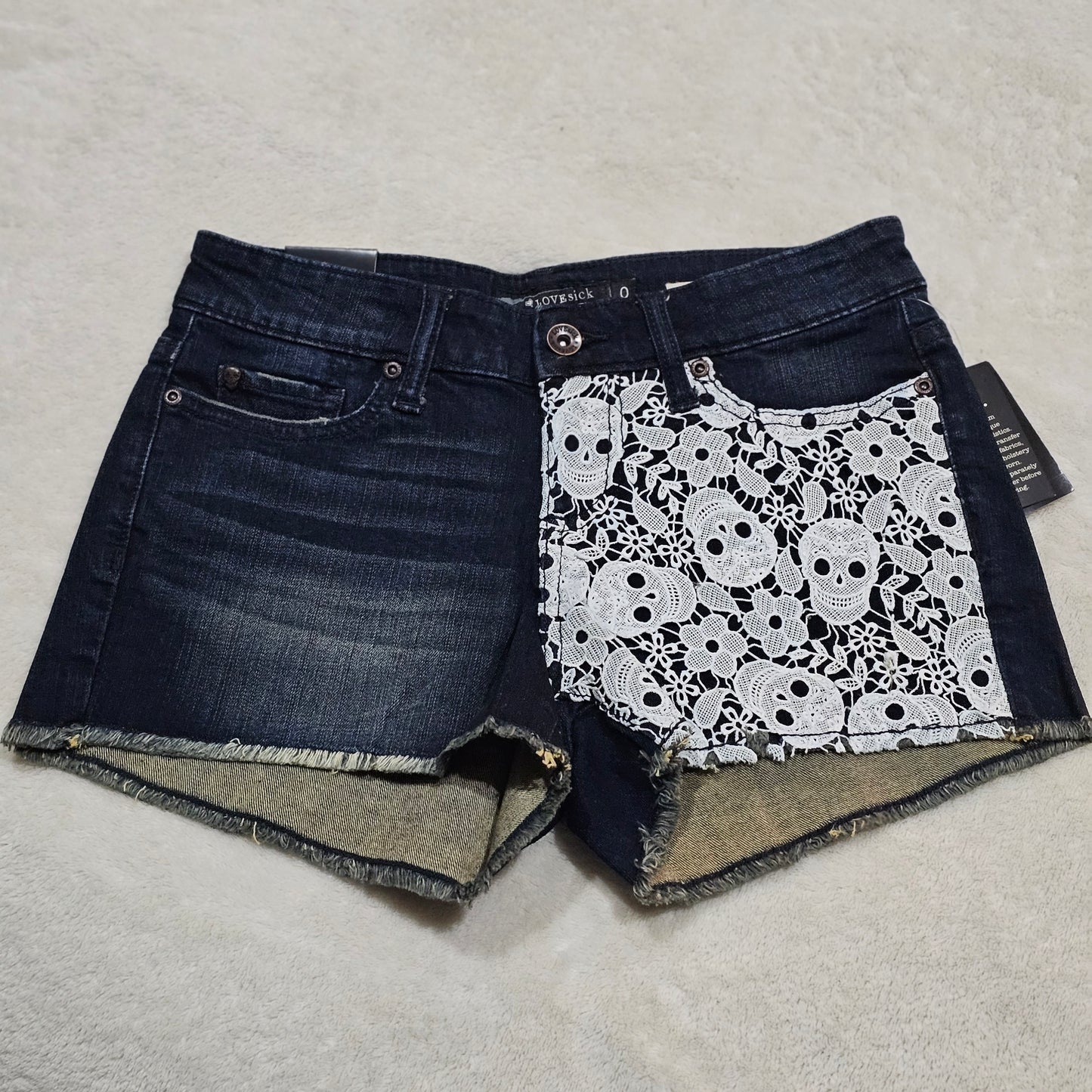 Crochet Skull Jean Shorts | Duo-Tone Blue White Lace Skulls - Lovesick - Jeans