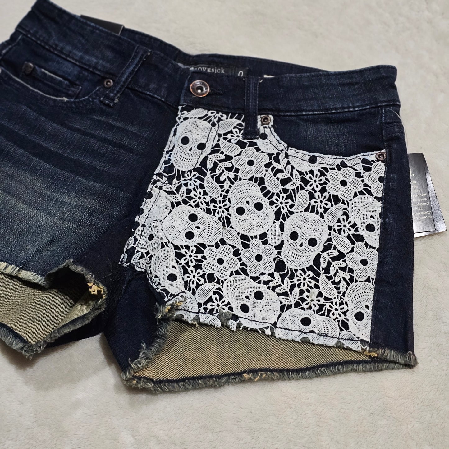 Crochet Skull Jean Shorts | Duo-Tone Blue White Lace Skulls - Lovesick - Jeans