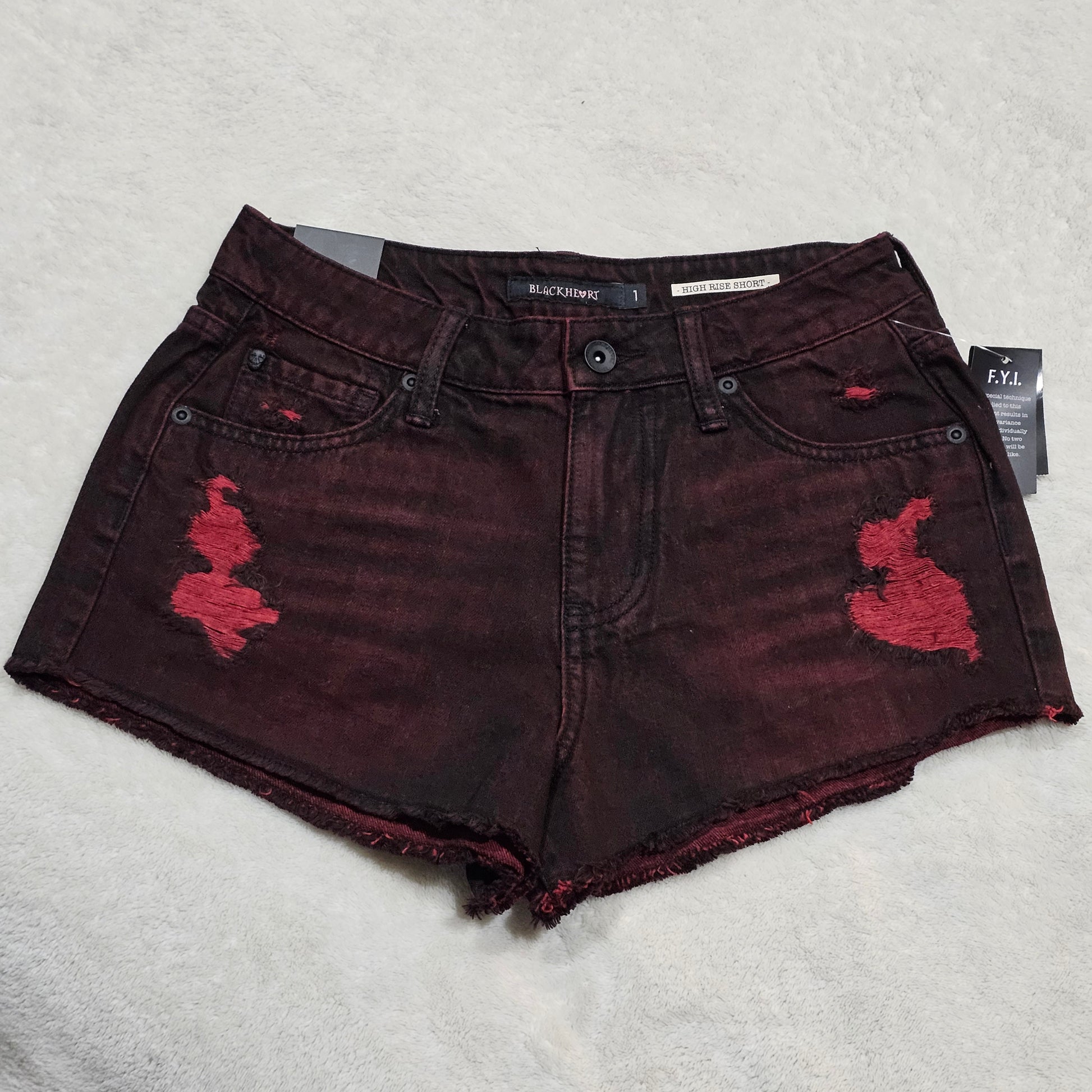 High Waisted Shorts | Red Over-Dye Distressed 5 Pocket Shorts - Blackheart - Shorts