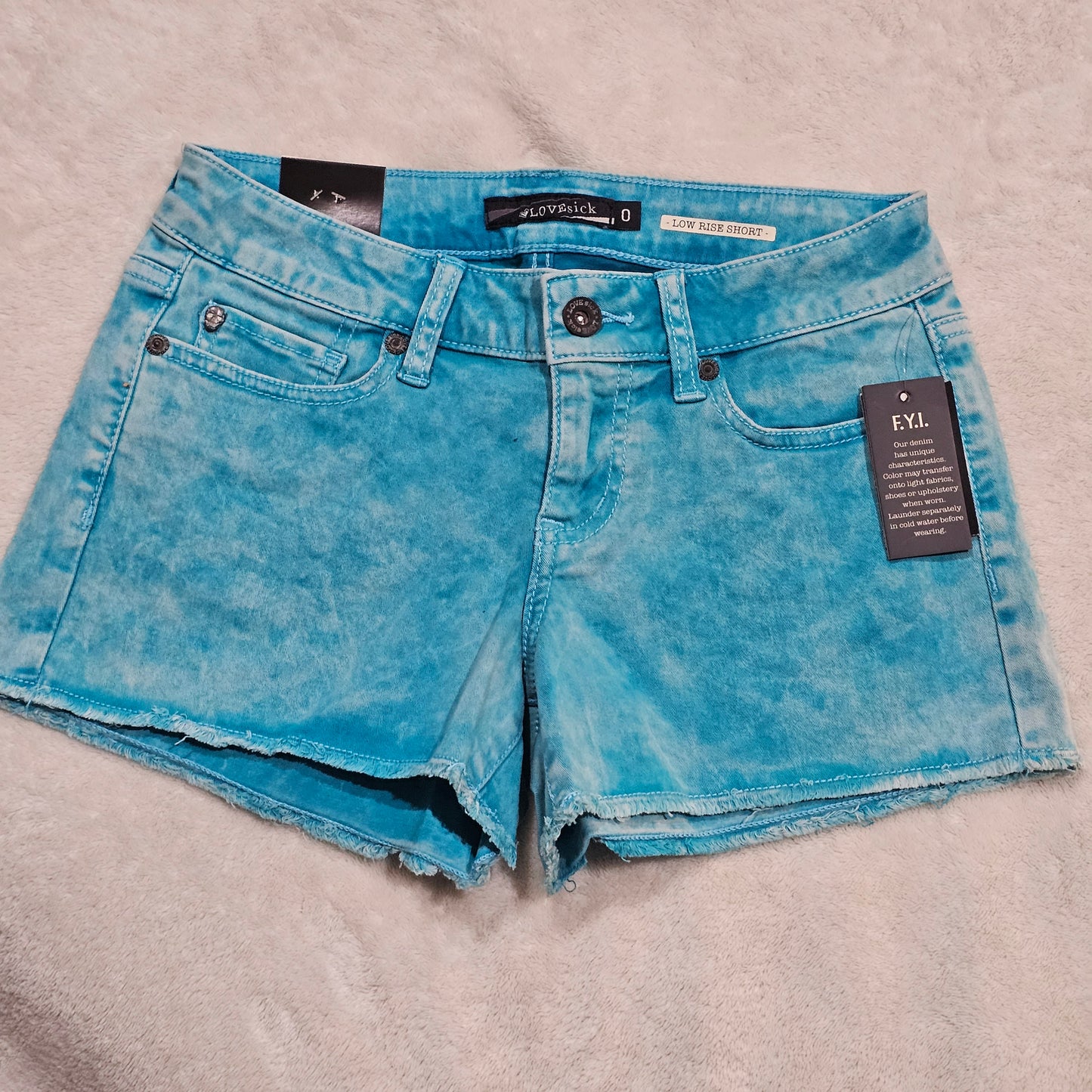 Turquoise Acid Wash Jean Shorts | Skull Rivets Low Rise Raw Hem - Lovesick - Shorts