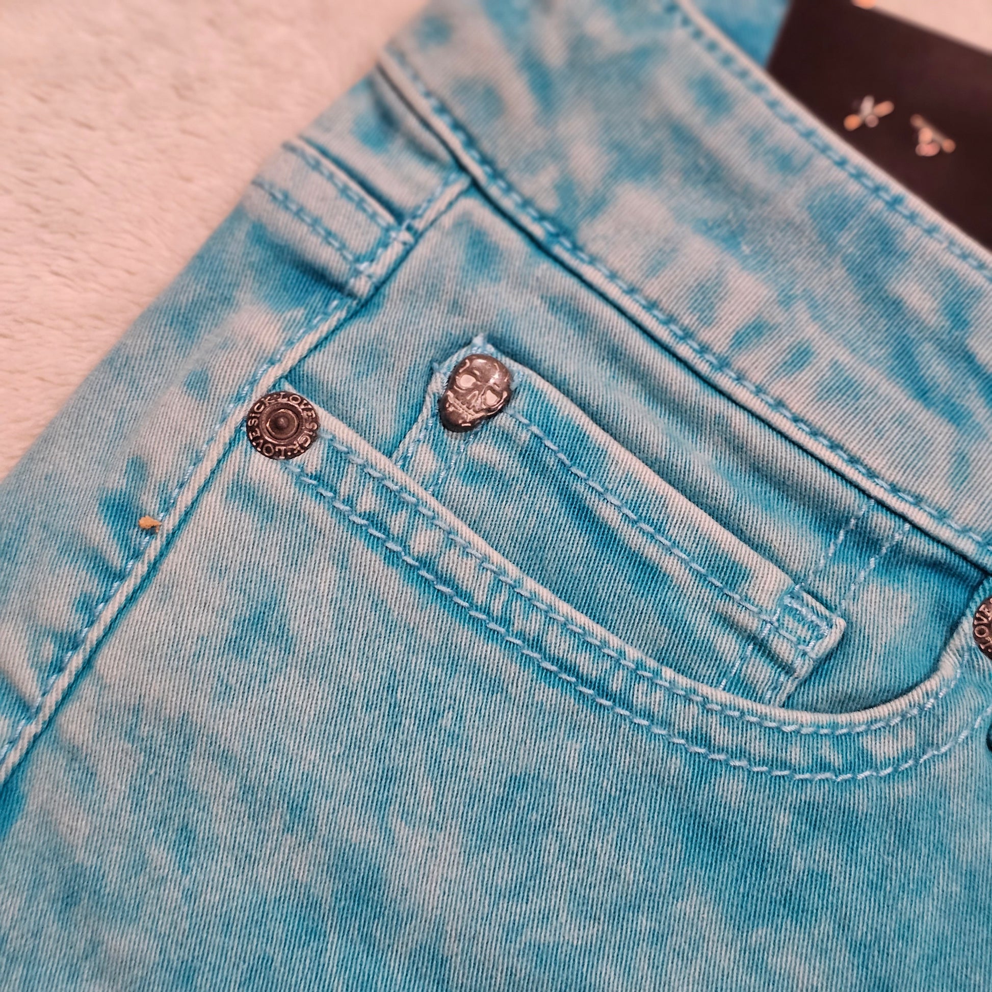 Turquoise Acid Wash Jean Shorts | Skull Rivets Low Rise Raw Hem - Lovesick - Shorts