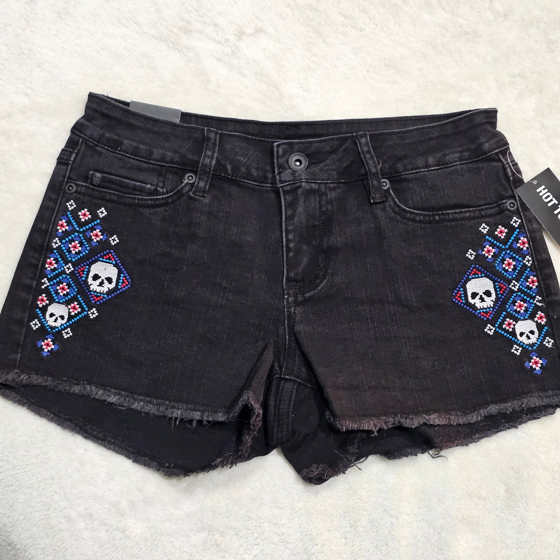 Skull Embroidered Denim Shorts | Black Raw Hem Punk Style - Blackheart - Shorts
