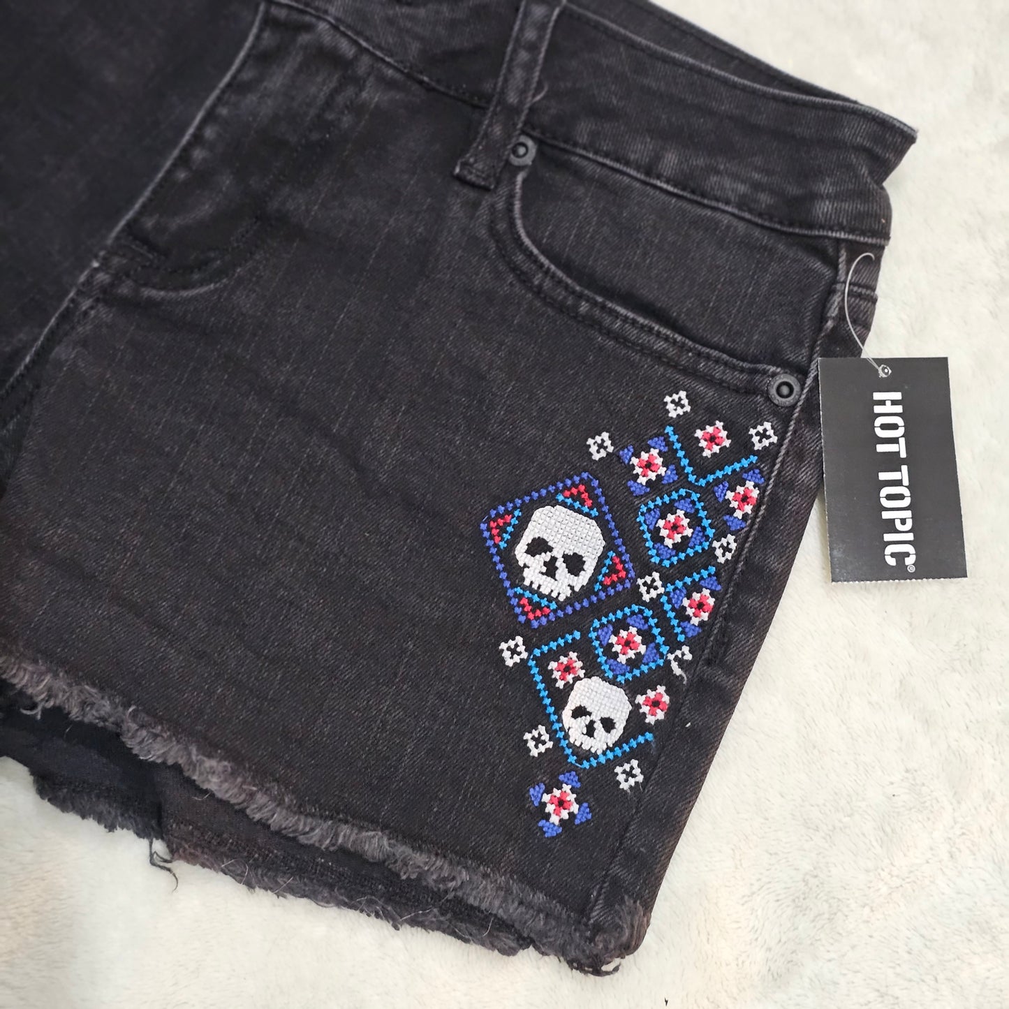 Skull Embroidered Denim Shorts | Black Raw Hem Punk Style - Blackheart - Shorts