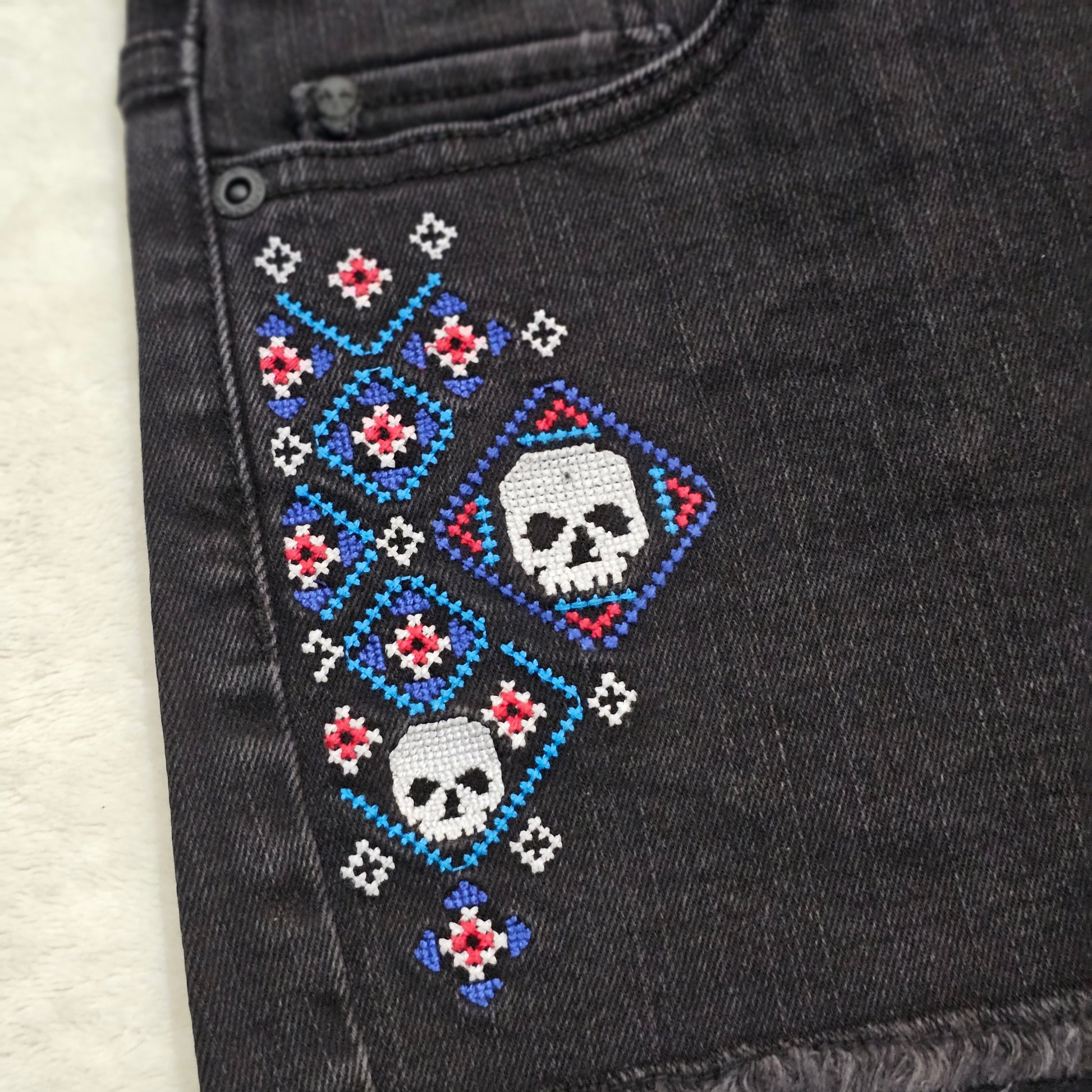 Skull Embroidered Denim Shorts | Black Raw Hem Punk Style - Blackheart - Shorts