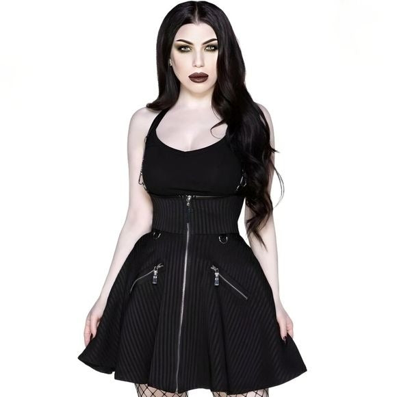 Dark Flair Skirt | Pinstripe Design Suspender Details Zip Front - Killstar - Skirt