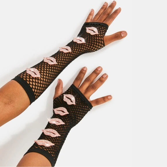 Want Your Kiss Fishnet Gloves | Fingerless Rhinestone Embellished - PTLHZ - Gloves