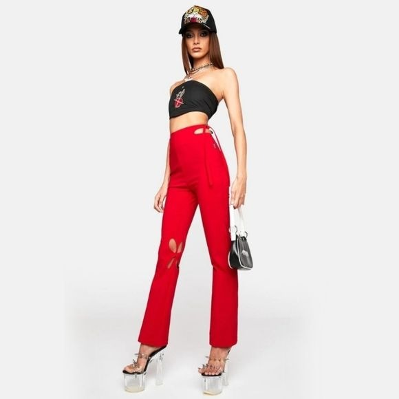 Holey Pray Cut Out Pants | Red Semi Flared Fit High Waisted Side Zip - Zemeta - Pants