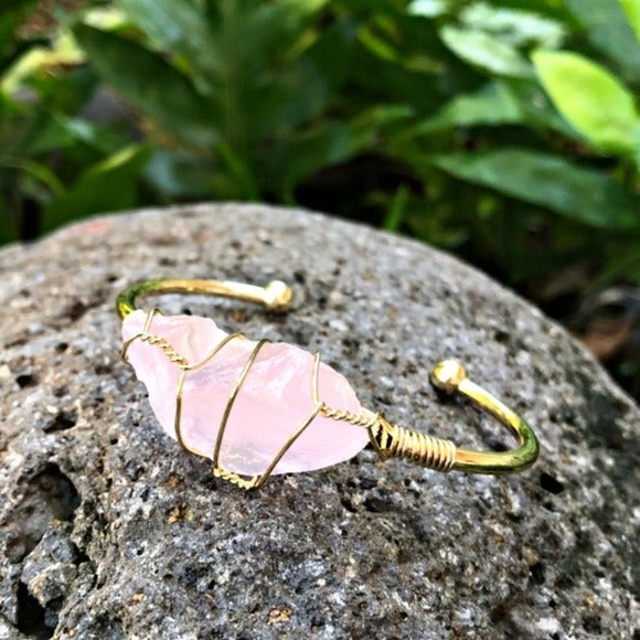 Rose Quartz Cuff Bracelet | Love & Tranquility Stress Release Bangle - A Gothic Universe - Bracelets