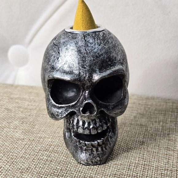 Novelty Skull Backflow Incense Burner | Antiqued Cracked Silver Acrylic - A Gothic Universe - Incense Burner