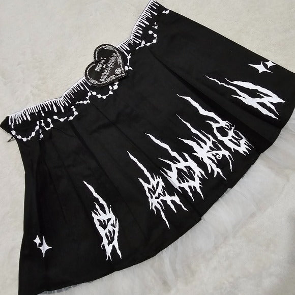 Damaged Damsel Pleated Skirt | Black & White High Waist Pleated L - Broken Brainz - Mini Skirts