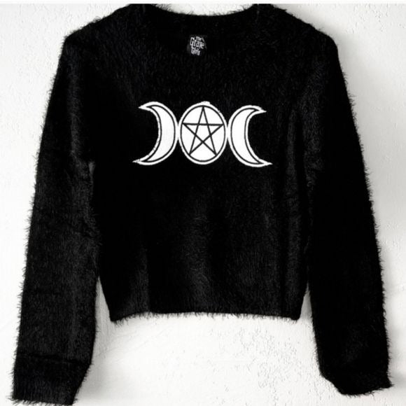 Triple Goddess Fuzzy Sweater | Black Fuzzy Cropped Long Sleeve - The Grave Girls - Sweaters