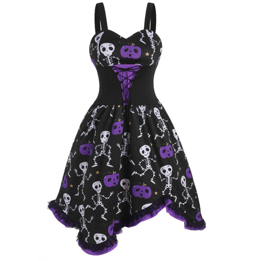 Lace-Up Skull Pumpkin Lace Panel Dress Spaghetti Straps Handkerchief Hem - A Gothic Universe - Dresses