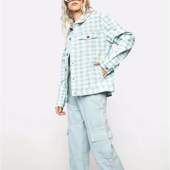 Kickers Women's Gingham Classic Denim Button Down Jacket in Blue Front Pockets - Kickers - Coats