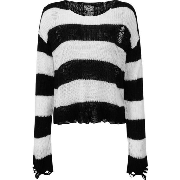 Casey Knit Sweater | Black / White Stripes Unisex Distressed - Killstar - Sweaters