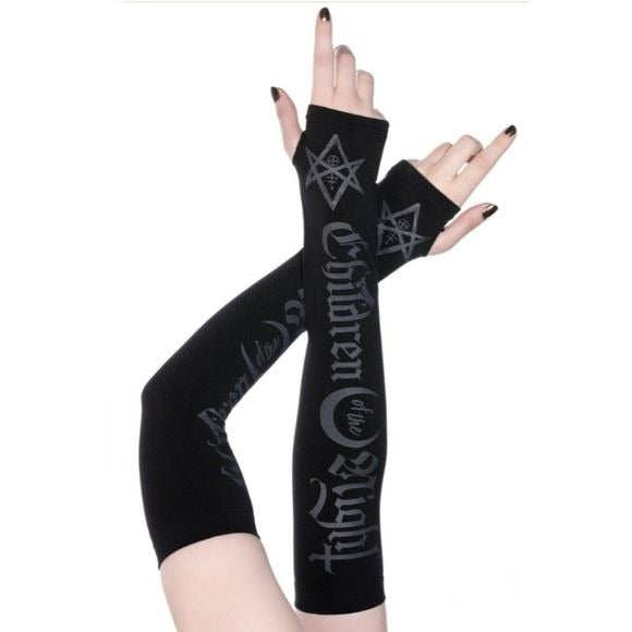 Children Of The Night Long Gloves | Fingerless Contrasting Motif Nylon - Killstar - Gloves
