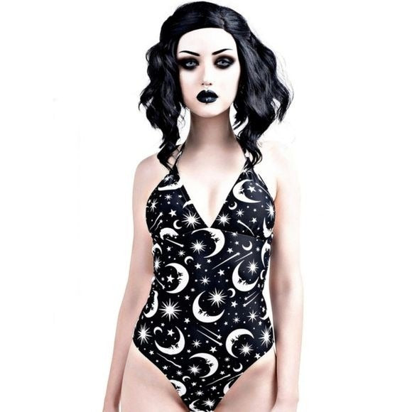 Halter One-piece Swim Suit | Under The Moon & Stars | Lace-Up Suit - Killstar - Swimwear