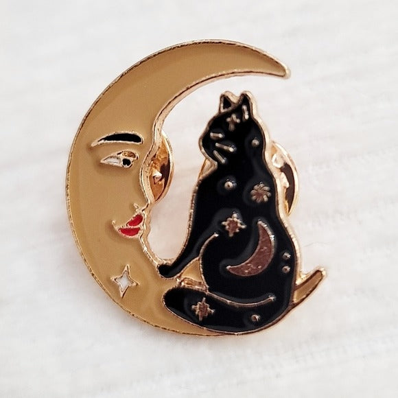 Enamel Lapel Pin | Black Cat | Crescent Moon Stare Down Celestial Yellow - A Gothic Universe - Lapel Pins