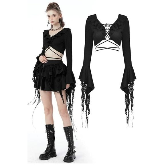 Gothic Witch Ripped Sleeves Ruffle Neck Crop Top | Black - Dark In Love - Tops