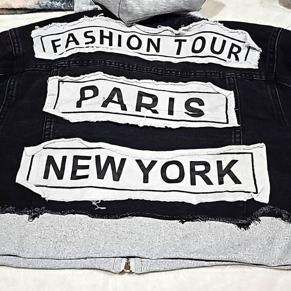 Tour Women's Jacket | Hooded Patchwork Distressed Crop Denim - American Bazi - Jean Jacket