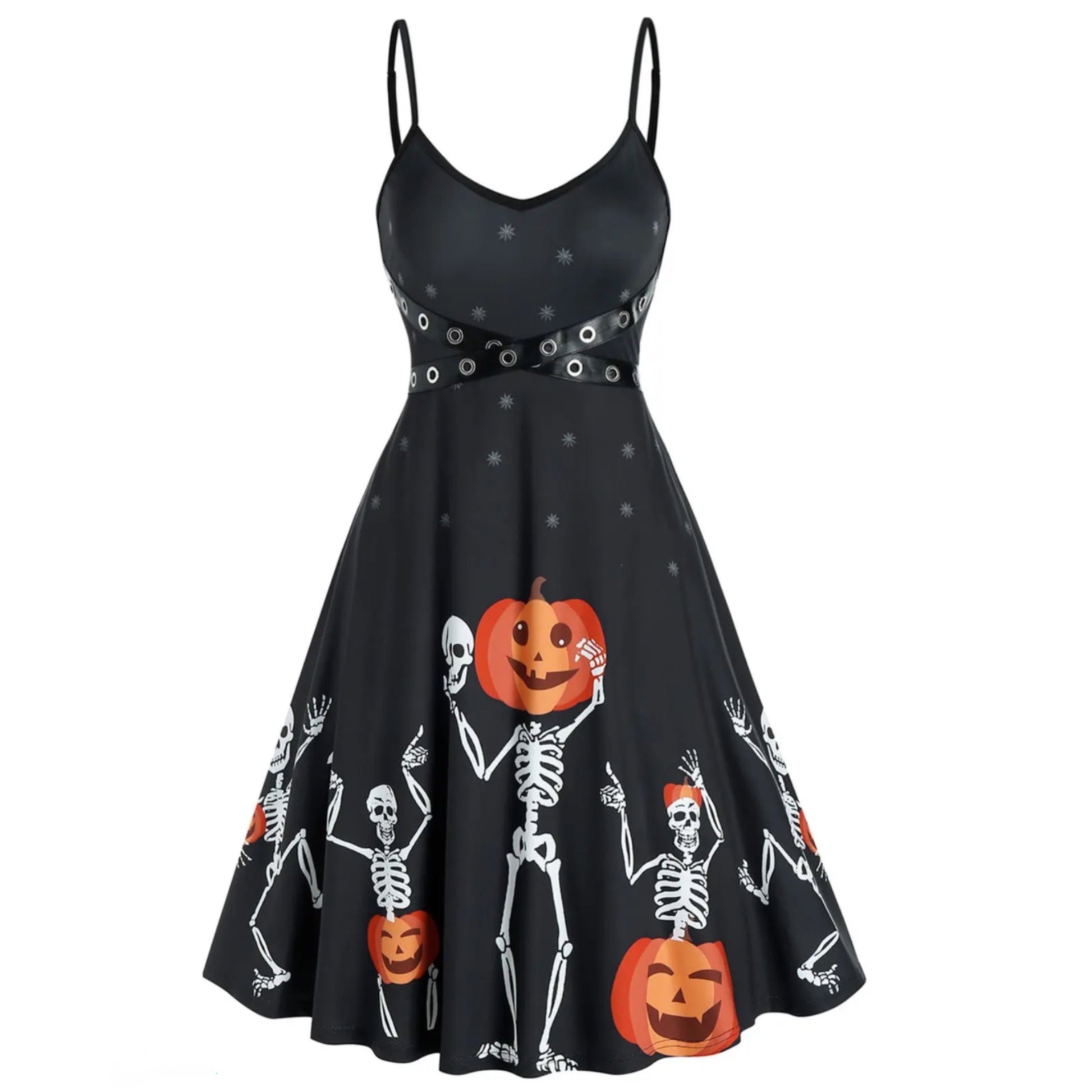 Halloween A Line Mini Dress Gothic Skeleton Pumpkin Pattern Grommet - A Gothic Universe - Dresses