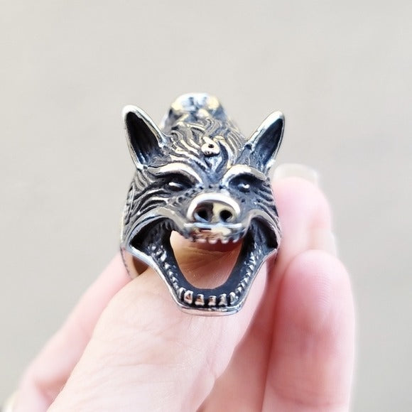 Wolf Head Men's Biker Ring | Black Oxidized Stainless Steel - Silver Wolf Ring - A Gothic Universe - Rings