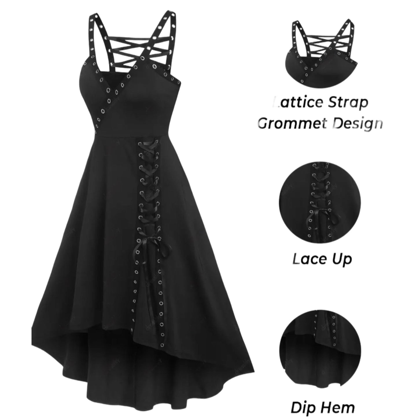 Gothic Vintage Black Lace-Up Dress With Grommet Lattice Straps & Dip Hem - A Gothic Universe - Dresses