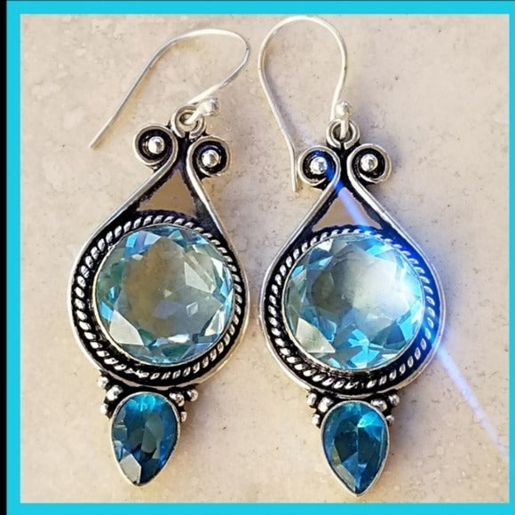 Swiss Blue Topaz Earrings | Antique Detailing Sterling Silver 2.2" Drop Earrings - A Gothic Universe - Earrings
