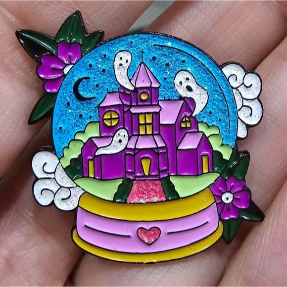 Metal Enamel Lapel Pin | Haunted House Water Globe - A Gothic Universe - Lapel Pin