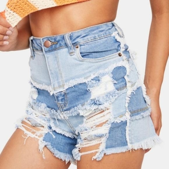 Soul Happy Patchwork Denim Shorts | High Waisted Frayed Hems - American Bazi - Jean Shorts