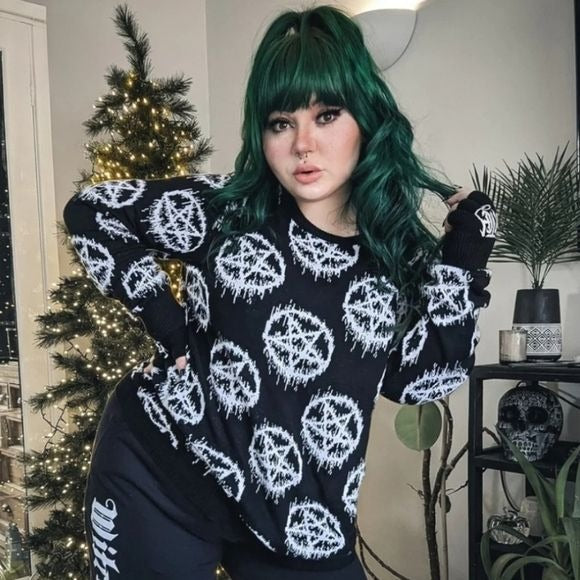 Black Pentagram Pullover Sweater | Unisex Sizing Relaxed Fit - Too Fast - Sweaters