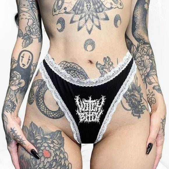 Witch Bitch Panty | Witch Please! | Black Cotton Lace Trim Thong Panty - Killstar - Underwear