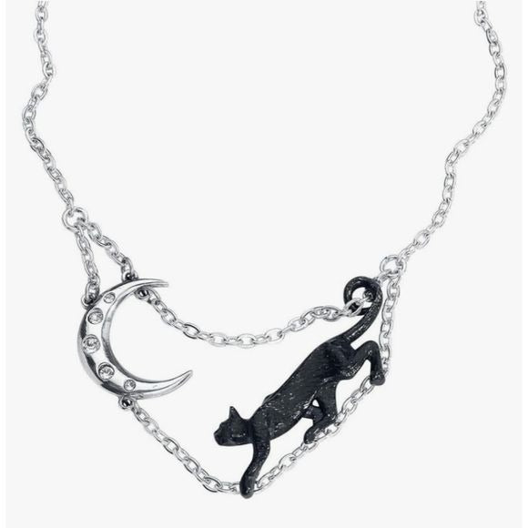 Minnaloushe Necklace | Black Cat Crescent Moon - Alchemy Gothic - Necklaces
