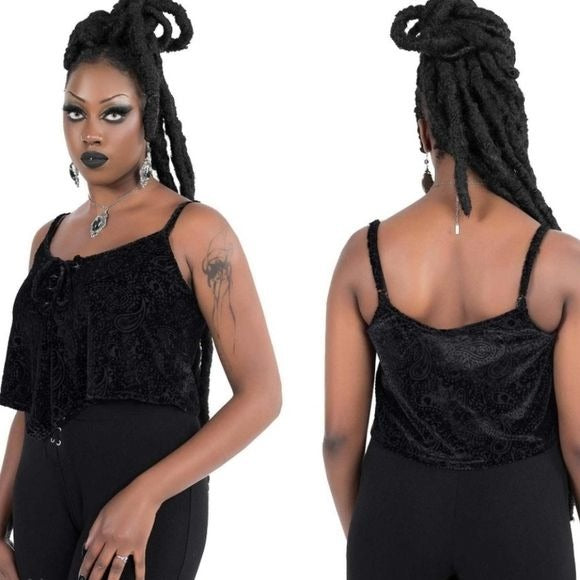 Cosmic Certainly Velvet Vest Top | Black Super Lace-up Front S - Killstar - Tops