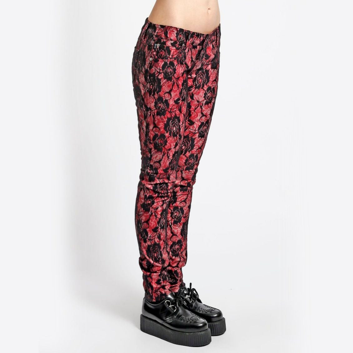 Red Lace Rose Floral Print Skinny Fit Jeans - Tripp NYC - Jeans