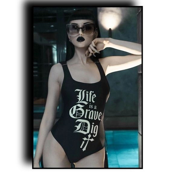 Strappy One-piece Swim Suit | Grave | Gothic Black Pentacle Strap Back Detail - Killstar - Swimwear