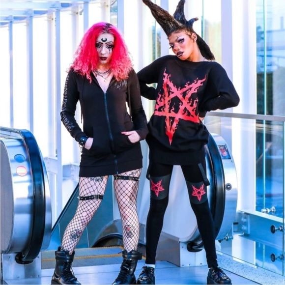 Bloodpact Leggings | Black Suspenders Red Pentagram Soft Cotton - Killstar - Leggings