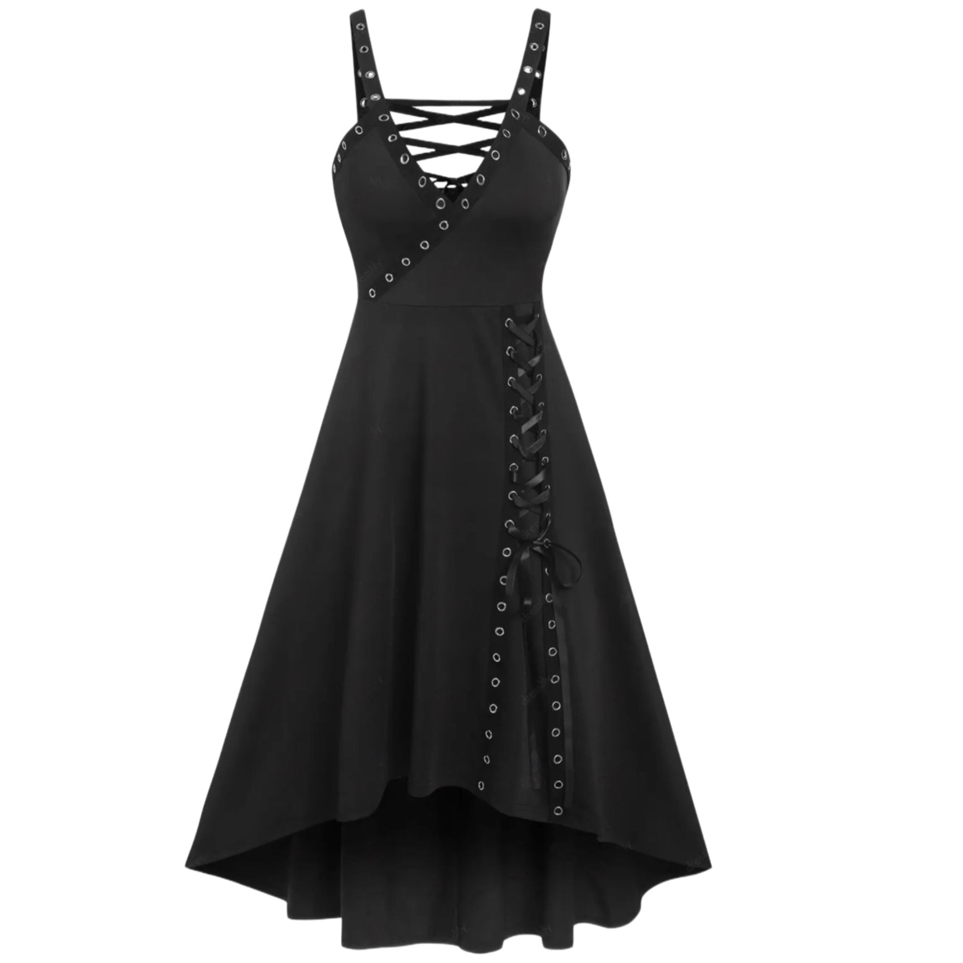 Gothic Vintage Black Lace-Up Dress With Grommet Lattice Straps & Dip Hem - A Gothic Universe - Dresses