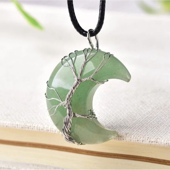 Green Aventurine Necklace | Polished Moon Shape Wire Wrapped Tree - A Gothic Universe - Necklaces