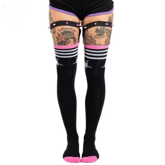 Hello Evil Kitty Thigh High Garter Socks | Spiked Garters Included - Too Fast - Thigh Highs
