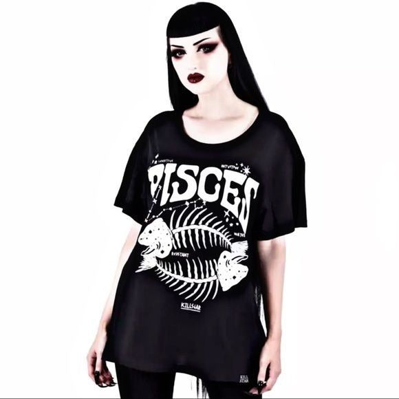 Pisces Relaxed Top | Unisex Fit | Black Cotton One-Of-A-Kind Design Tee - Killstar - Shirts