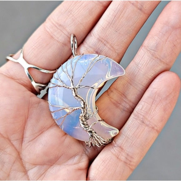 Opalite Crystal Necklace | Polished Moon Shape Wire Wrapped Tree - A Gothic Universe - Necklaces