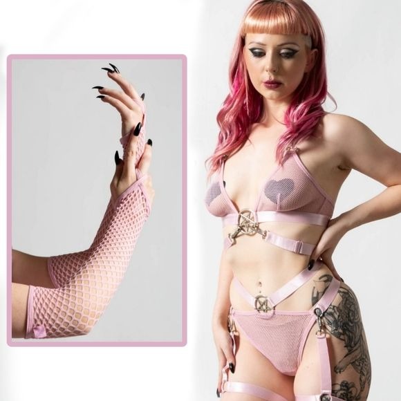 Hell Kitty Fishnet Pastel Pink Lingerie Set | Posses Me Gloves Too - Killstar - Lingerie