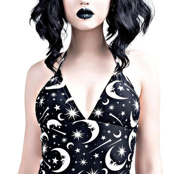 Halter One-piece Swim Suit | Under The Moon & Stars | Lace-Up Suit - Killstar - Swimwear