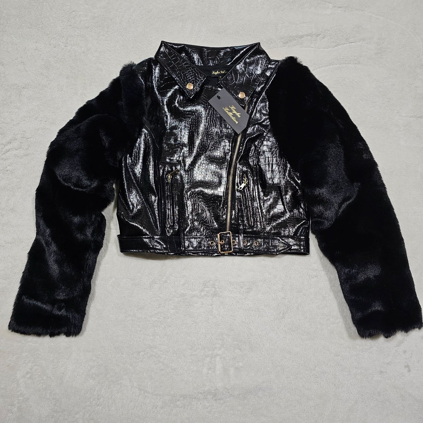 Kaylee Kollection Lafert Fur Sleeve Front Zip Moto Jacket - Kaylee Kollection - Jackets