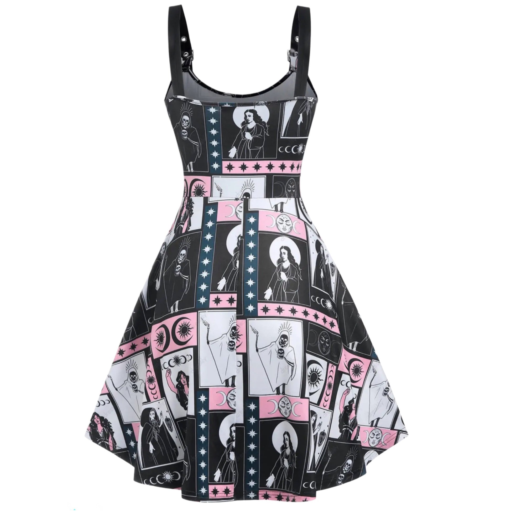 Vintage Moon Sun Star Allover Print Buckle Cami Fit & Flare Dress - A Gothic Universe - Dresses