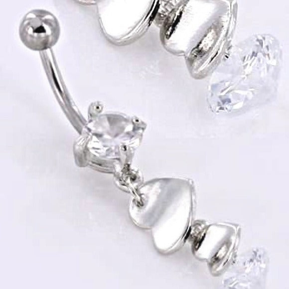 Crystal Dangle | Rhodium Layover Hearts Belly Button Ring - Painful Pleasures - Navel Rings